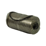 Filter element horizontal view showing perforated steel outer shell. Stamped part code partially visible mid-body. Large O-ring looped around element body.