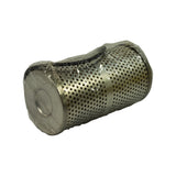 Filter element three-quarter view showing bottom open end cap with central inlet hole, perforated cylindrical shell, and large O-ring around body.