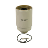 Front view of filter standing upright with O-ring laid flat in front; 'WIX 33910' printed on white enamelled canister; gold/tan threaded collar visible at top; O-ring tag reads '50143'.