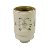 Side view showing printed service instructions for draining water and replacing the element; small vertical code strip visible on left side of canister; instructions reference disconnecting an electrical connector, indicating built-in water-in-fuel sensor port.