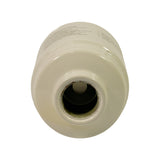 Bottom-up view showing large threaded brass/gold spin-on base ring with central black rubber outlet seal and cross-slot drain/electrical port; minor surface oxidation at inner seating area consistent with age.