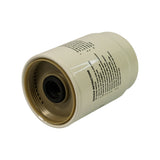 Angled view from threaded-base end showing the full spin-on base with brass coloured thread ring and central black rubber seal; service instructions partially visible wrapped around canister body.