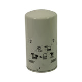 Filter body, front view. Light grey painted steel canister with part number 33377 printed twice at base. Installation instruction icons printed mid-body. No visible damage or corrosion.