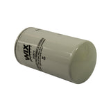 Angled side view showing WIX Filters logo, part number 33377, and multilingual text including 'High Efficiency / Haut Rendement / Alta Eficiencia' and 'Fuel Filter / Filtre à Fuel / Filtro de Combustible — The Heavy Duty Filter'. Faint date/batch code visible on far end of canister.