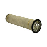 Oblique view of full element length showing outer media surface and larger-diameter lower end with rubber gasket seal and expanded metal mesh inner core visible at open end.