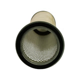 End-on view of larger (bottom) end showing expanded metal mesh inner core, black rubber gasket ring around perimeter, and woven media body.