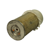 Filter laid on its side with metal top end cap facing camera. Stamped markings '546374 MADE IN USA 071710N1' clearly legible on the end cap face. Orange safety label visible on central threaded stud. Finned plastic end cap at rear.