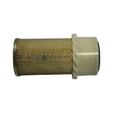 Three-quarter side view of filter, horizontal orientation, showing full length of expanded metal body and the finned plastic end cap. One fin on the plastic cap is damaged/missing.
