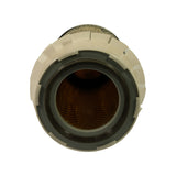 End-on view looking into the open inner bore from the plastic fin end. Shows rubber inner gasket seal ring (dark grey) seated within the plastic fin collar, with inner paper media and expanded metal inner core visible.