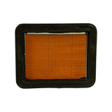 Direct front-on view of filter showing full pleated orange/amber paper element framed by black rubber perimeter gasket, with narrow metal end cap strip visible along top edge.