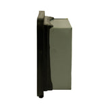 Edge-on side profile showing thickness of the filter assembly — grey metal end cap plate sandwiched between black rubber gasket lips, with paper element visible at right.