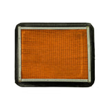 Reverse face of filter showing pleated orange/amber paper element from underside, metal end cap strips along all four edges, and black rubber perimeter gasket. Surface shows minor dust or shelf patina.