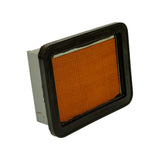 Three-quarter angle from opposite side showing front face of filter with pleated element, metal end cap, and black rubber gasket. Confirms rectangular flat-panel form factor.