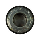 Top-down plan view of the filter showing the open inner bore and crimped metal retention tabs on the steel base plate ring; small trace of sealant visible at tab points