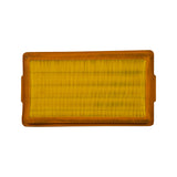 Filter element, flat top-down view showing full pleated media surface. Yellow pleated paper element, orange rubber gasket frame. Light dust on gasket consistent with shelf storage only.