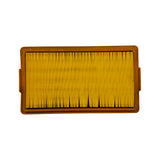 Filter element, reverse (bottom) face flat-on. Pleated paper media visible from underside; deeper pleat grooves showing four distinct fold sections across width. Orange rubber frame with recessed seat channel.