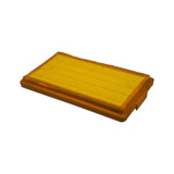 Filter element, angled view from one long side showing filter depth/profile. Demonstrates flat panel form factor and thickness of the orange rubber gasket frame seal.